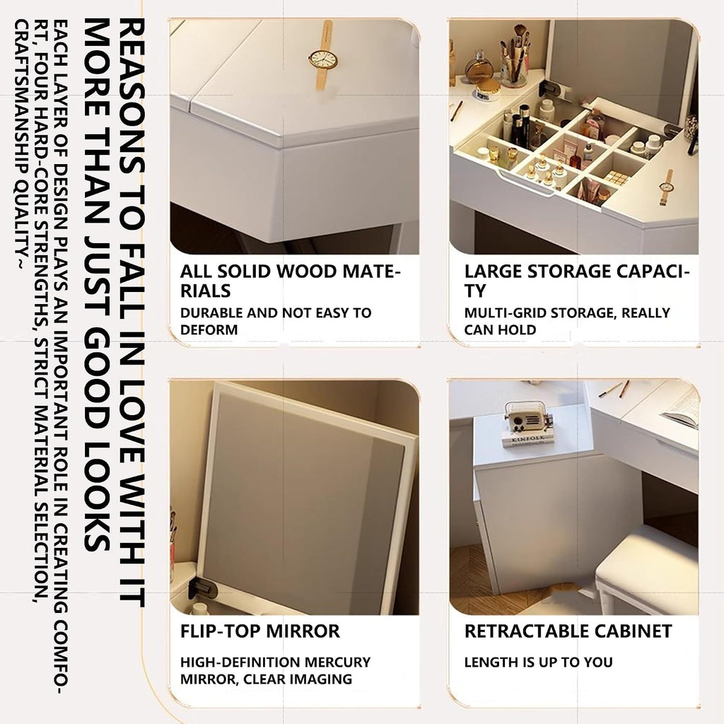 Vanity Desk with Chair, Solid Wood Corner Makeup Vanitys with Flip-Top Mirror, Expandable Storage Cabinet, Interchangeable Left and Right, Dresser with Mirror for Small Spaces(Brown)