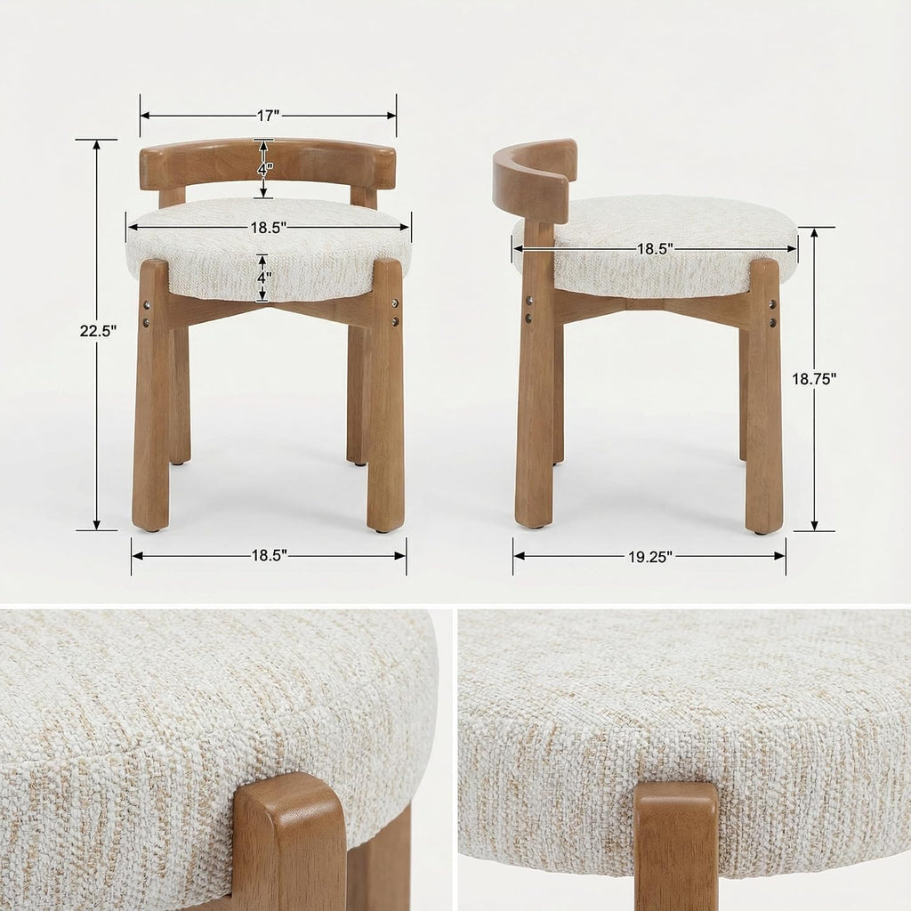 HNY Modern Chenille Vanity Chairs & Ottoman Set of 2 Upholstered Round Seat with Solid Wood Legs, for Makeup Dressing, Living Room Footrest or Piano Bench, Beige