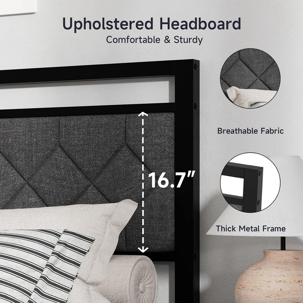 Z-hom King Size Bed Frame, King Bed Frame with Upholstered Headboard, Metal Platform Beds Solid and Stable, Grey, Noise Free, Easy Assembly, No Box Spring Needed