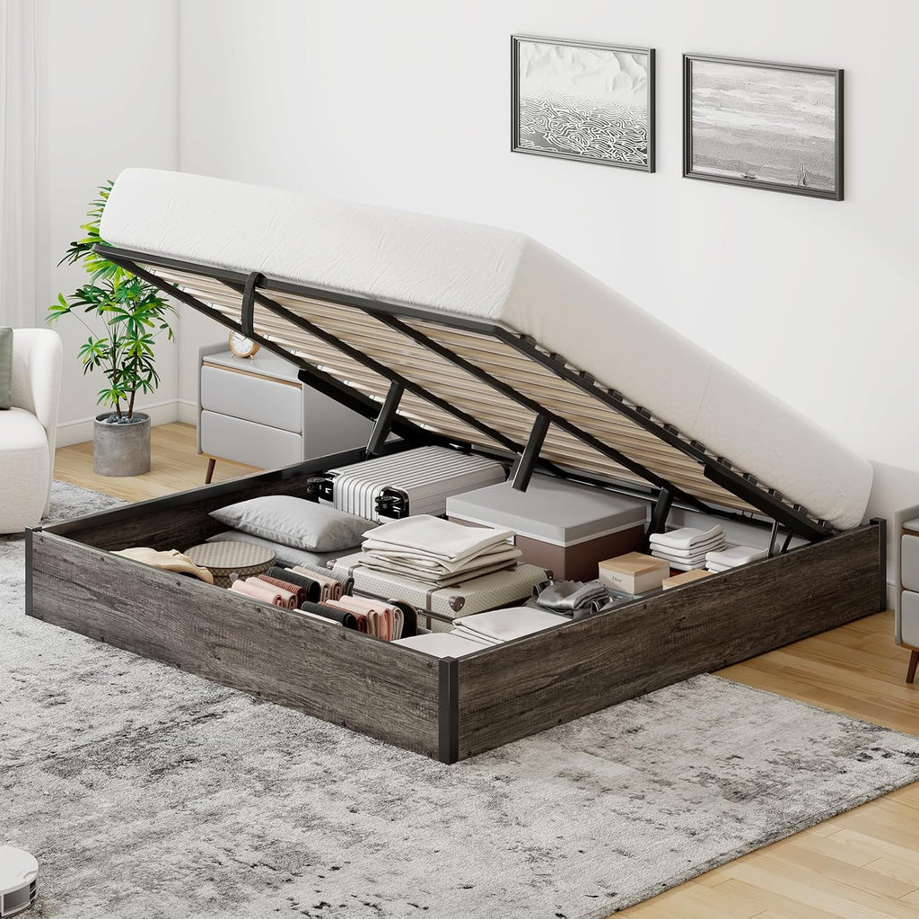 LUXOAK Full Size Lift Up Storage Platform Bed Frame, Metal Bed Frame with Wooden Slats Support, No Box Spring Needed, Large Storage Space, Noise Free, Easy Assembly, Rustic Grey