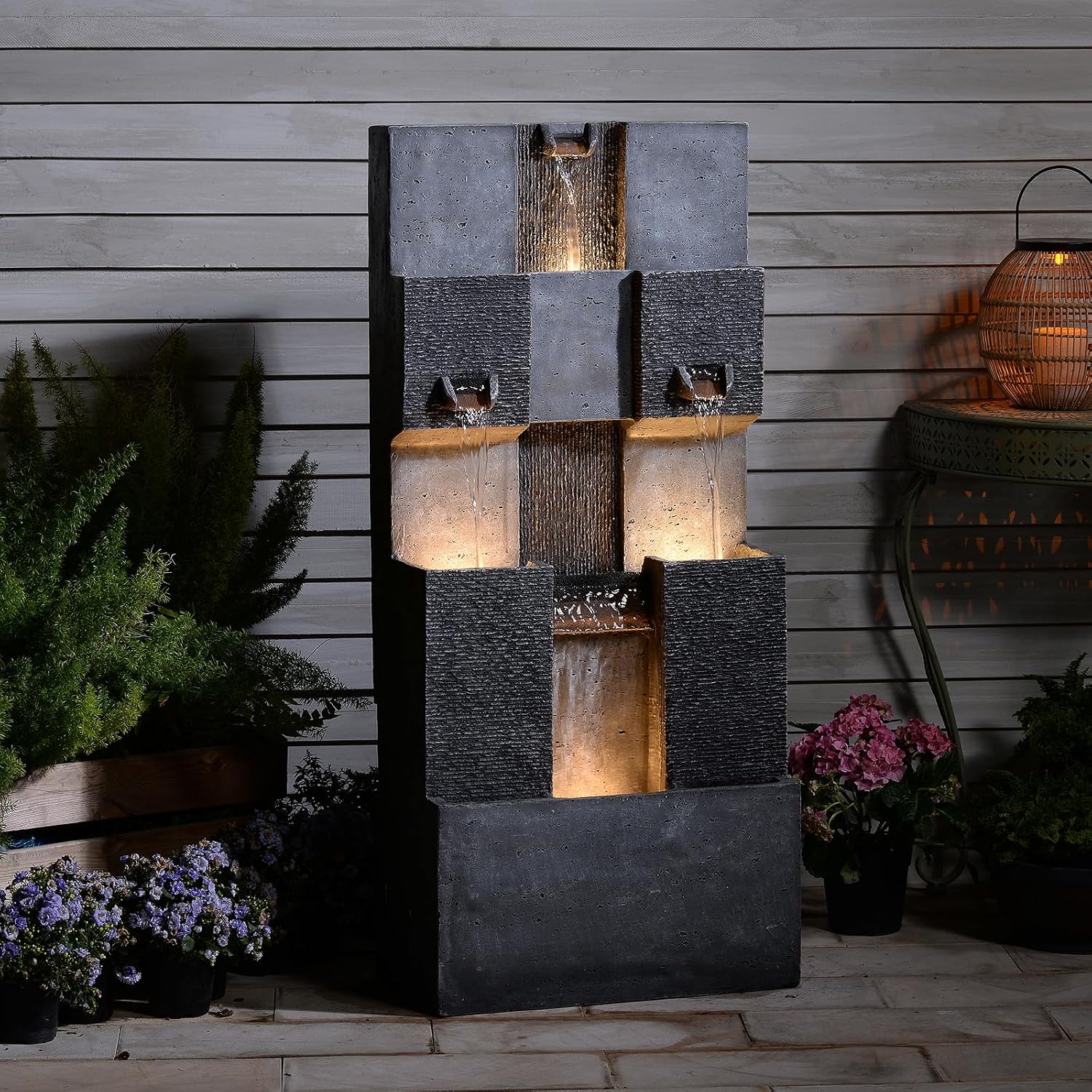 Bumilgar 44.8' H Modern Outdoor Water Fountain with LED Lights and Pump, Mutiply-Tier Standing Cascading Waterfall - Modern Design for Garden,Patio,Yard, Multi-Level Outdoor Decor (Gray)