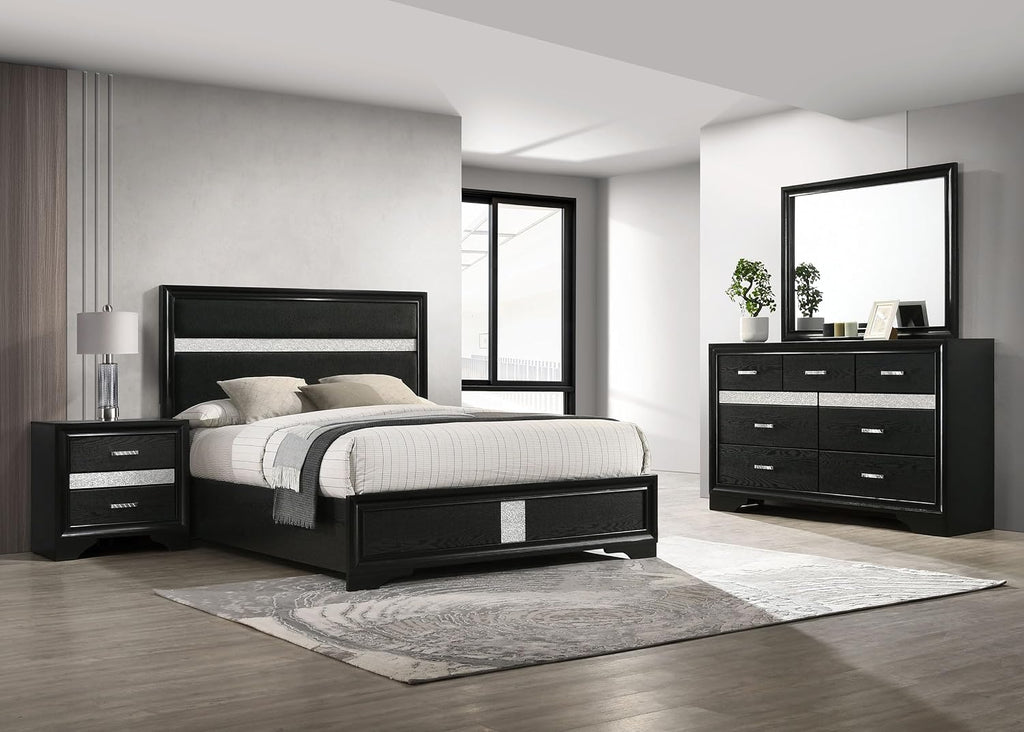 Coaster Home Furnishings Miranda Contemporary 4-Piece Bedroom Set Fabric Upholstered California King Size Panel Bed Frame 54-inch Headboard Black 206360KW-S4