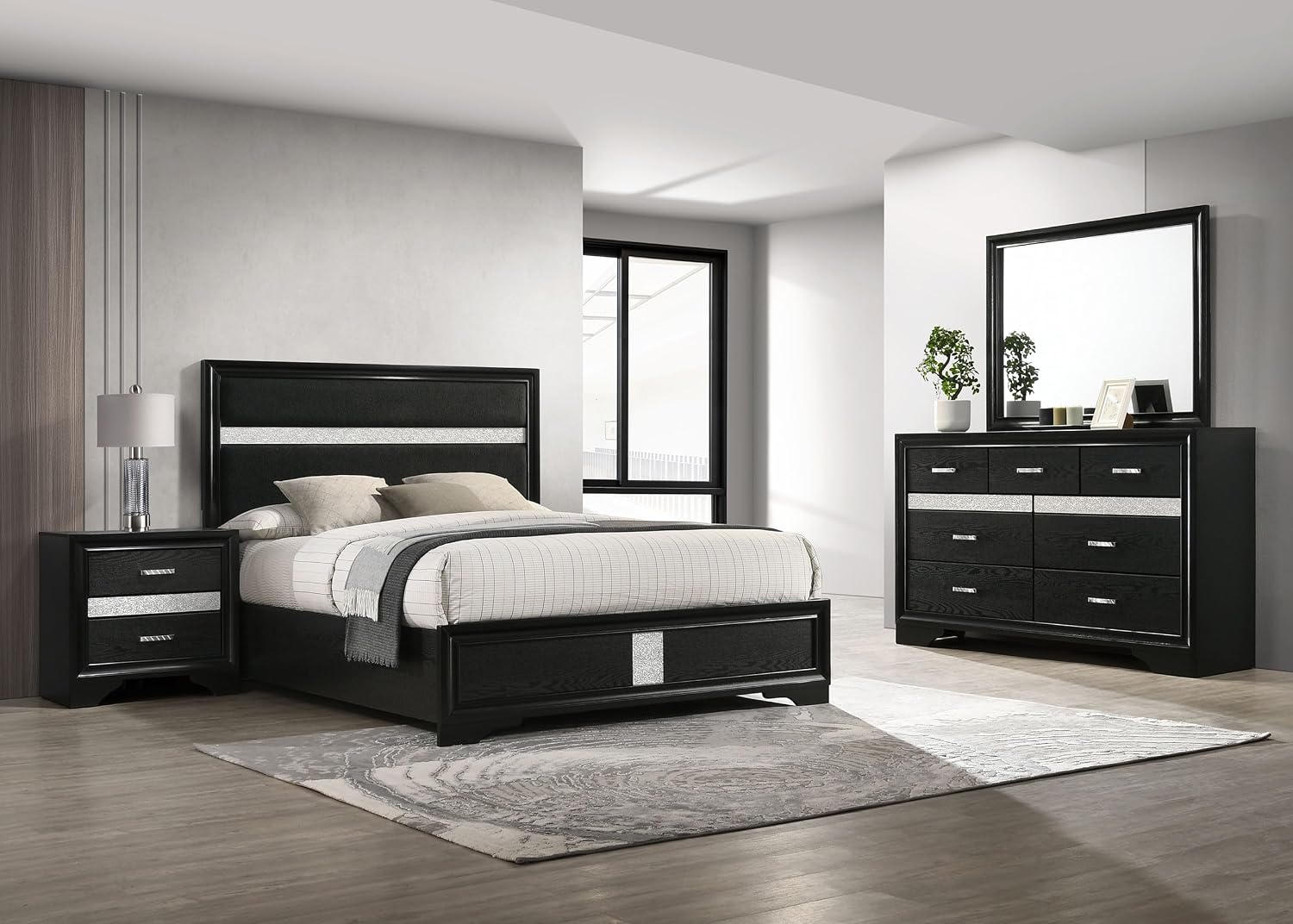 Coaster Home Furnishings Miranda Contemporary 4-Piece Bedroom Set Fabric Upholstered California King Size Panel Bed Frame 54-inch Headboard Black 206360KW-S4