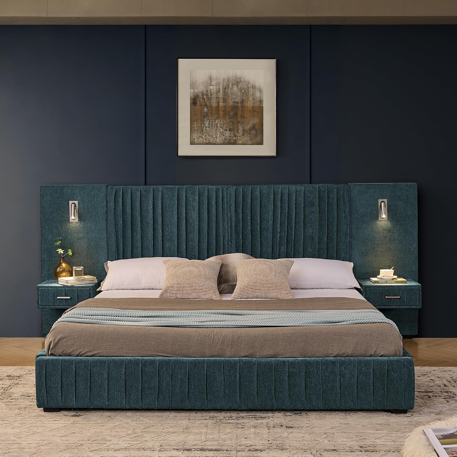 King Size Upholstered Platform Bed Frame with Headboard & Built-in Nightstand, Luxury Bed Frame for Modern Bedroom Sets, No Box Spring Needed, Stable & Adjustable Lighting(Blue-Green)