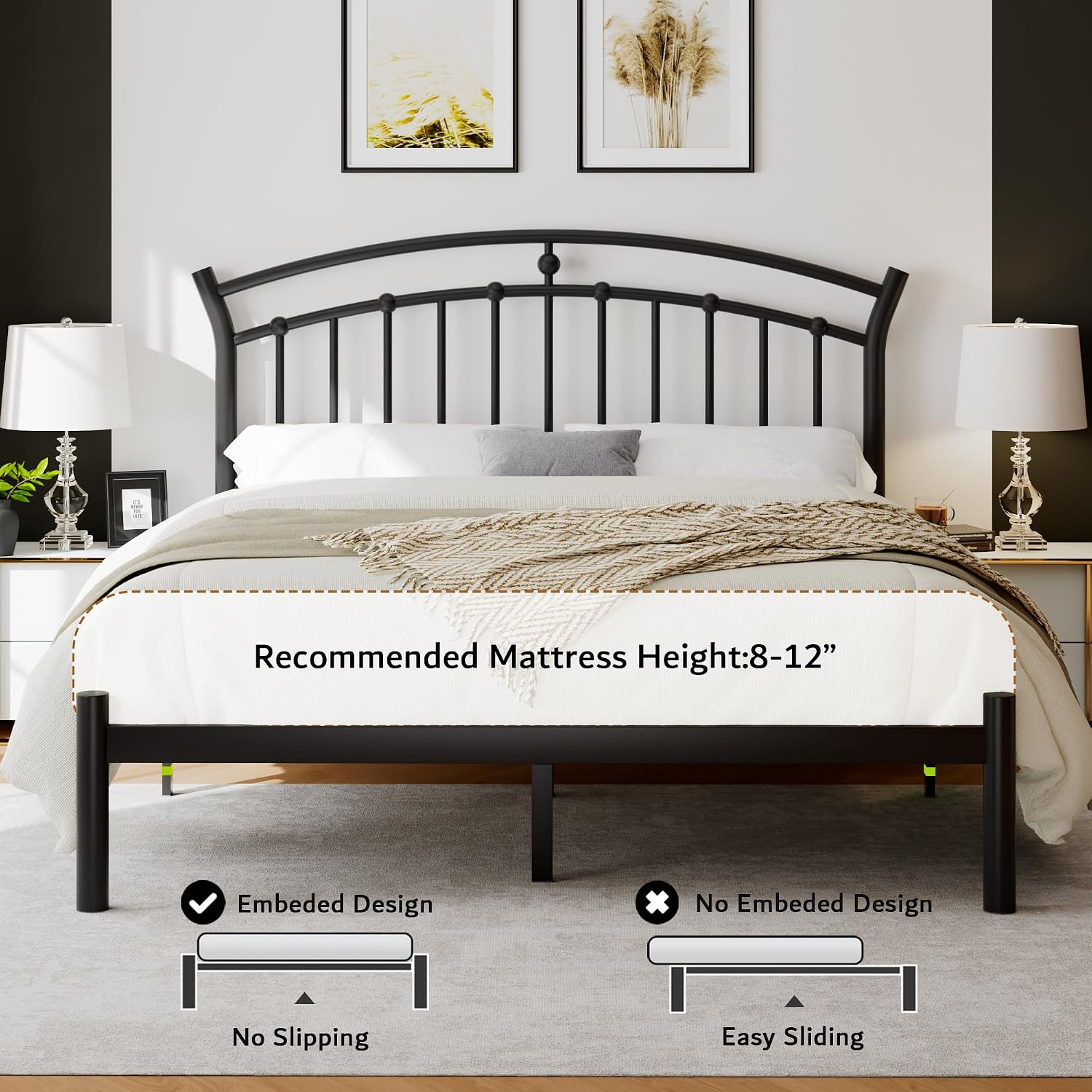 iPormis Full Size Metal Platform Bed Frame with Modern Iron-Art Headboard/Heavy Duty Steel Slats Support/Under Bed Storage/No Box Spring Needed/Easy Assembly/Noise-Free/Black