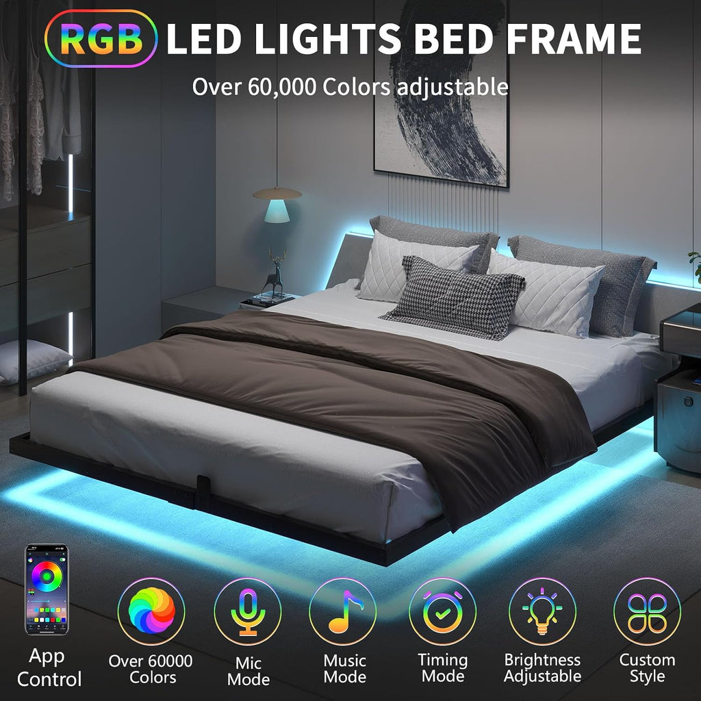 HOMBCK Floating Bed Frame King with LED Lights, Industrial Style Metal Bed Frame, No Box Spring Needed, Easy to Assemble, Noise Free