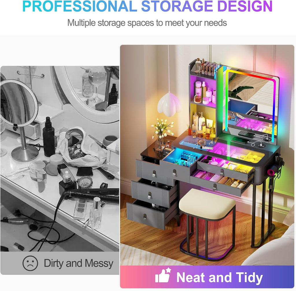 RGB Vanity Desk with Mirror and Lights, Glass Top Makeup Vanity Table with Wireless Charging Station, Dressing Table with Chair & 6 Drawers (Grey)