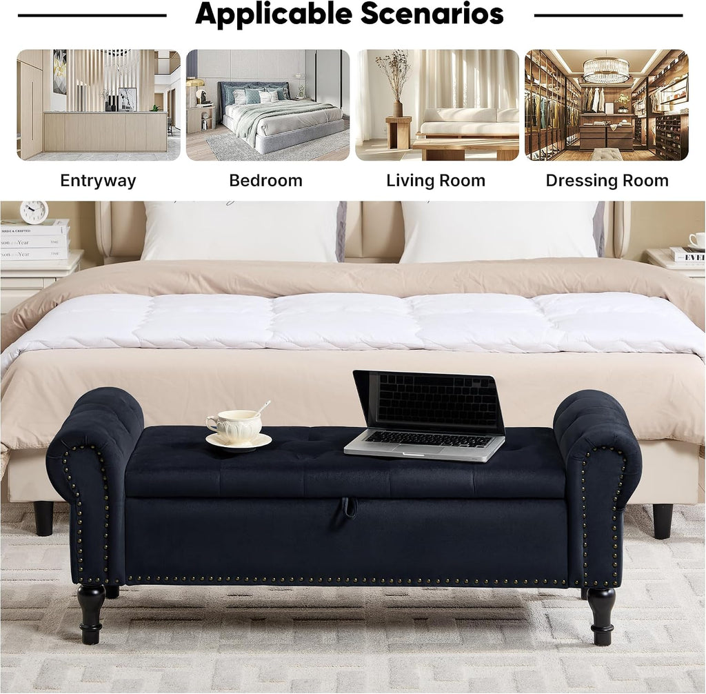 Storage Bench for Bedroom, 51' Upholstered End of Bed Bench, Velvet Queen Size Benches with Rolled Arms, Tufted Button Storage Long Ottoman, Living Room, Entryway, Black