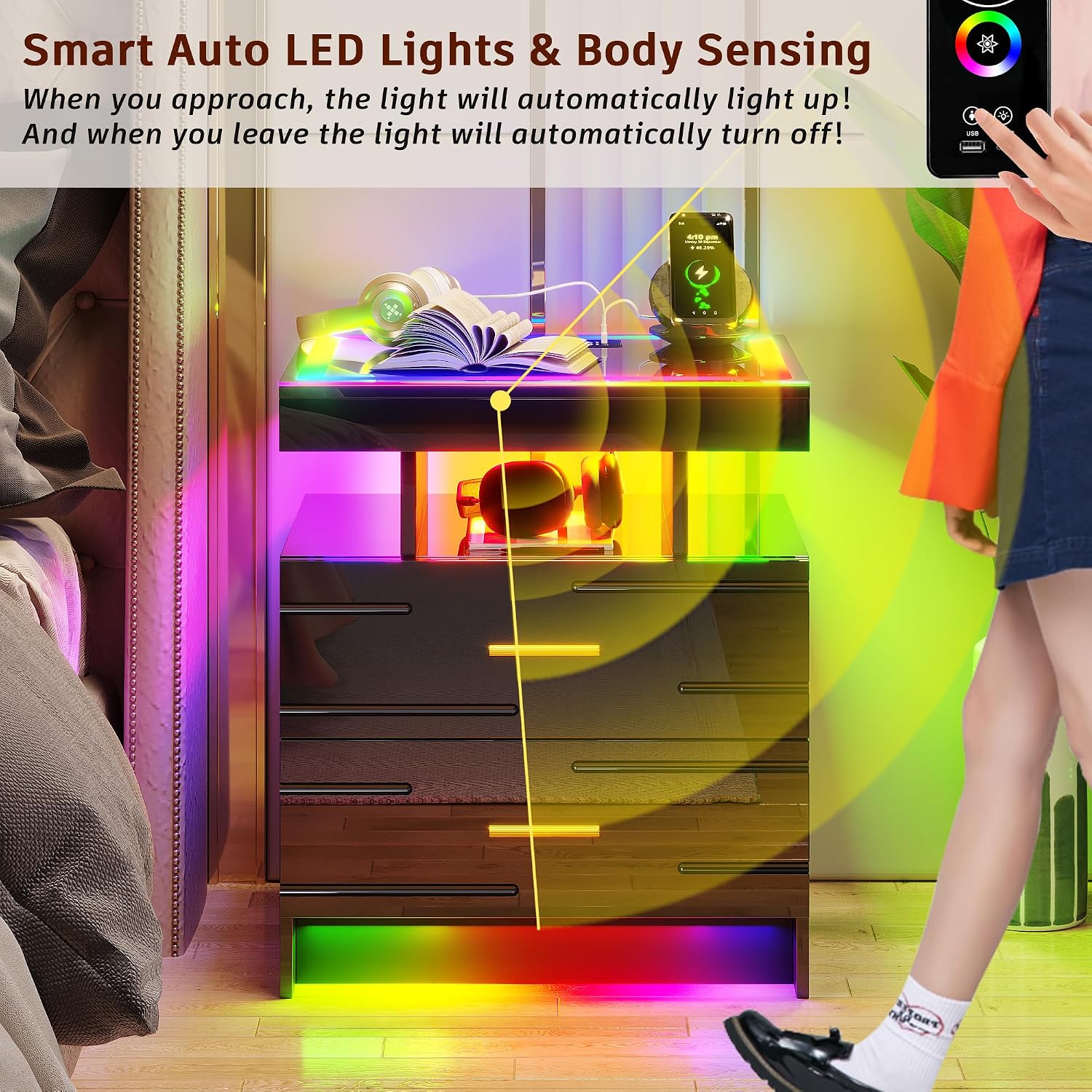 WOOVIVS Nightstand with 24 Colorful Lighst, LED Night Stand with Wireless+USB+Type-C Charging Station, Smart Bedside Table with 2 Drawer,Remote,High Gloss Side Table for Bedroom -Black
