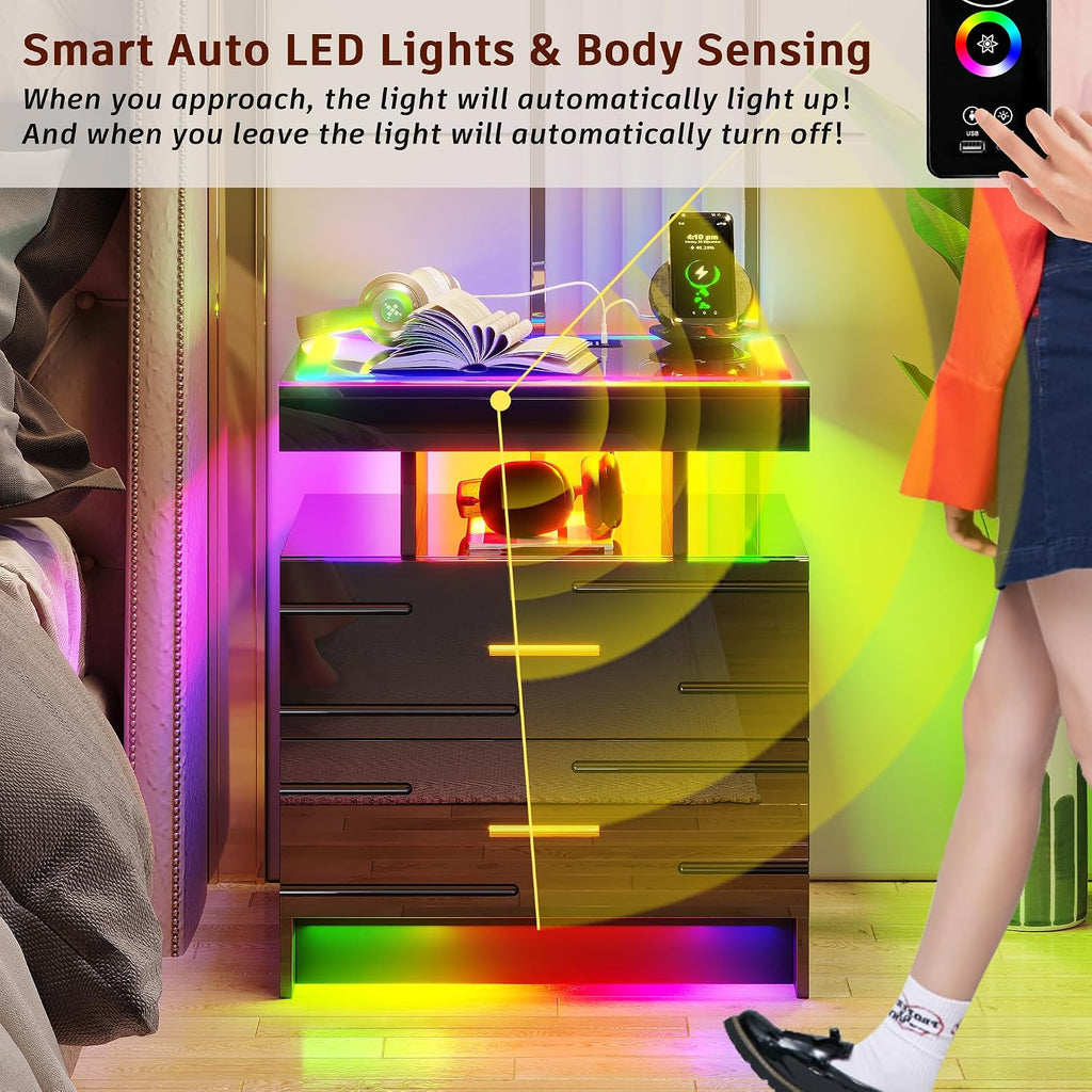 WOOVIVS Nightstand Set of 2 with RGB Lighst, LED Night Stand Set 2 with Wireless+USB+Type-C Charging Station, Smart Bedside Table with 2 Drawer,Remote,High Gloss Side Table for Bedroom -Black