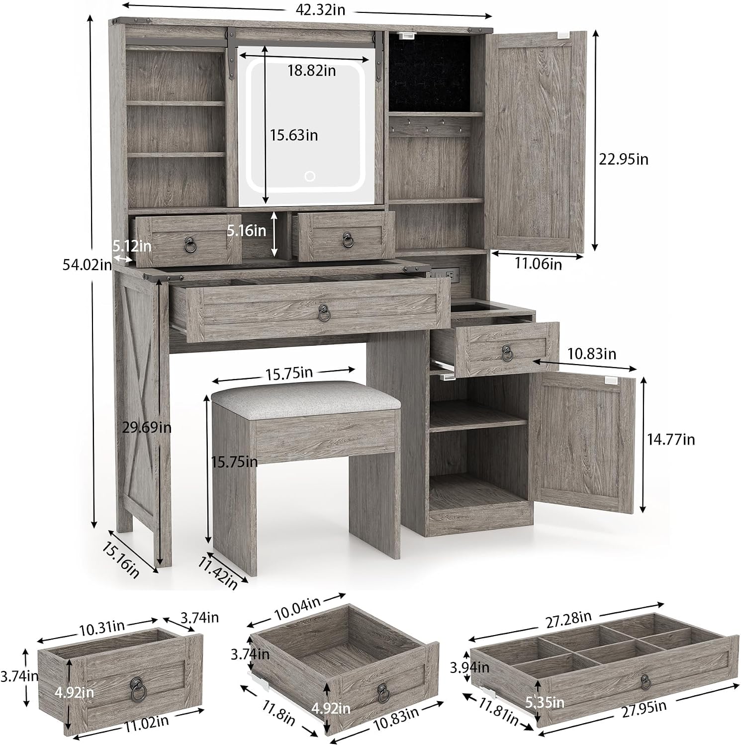 Farmhouse Vanity Desk with Mirror and Lights, 42' Makeup Vanity with Charging Station, 4 Drawers & Adjustable Shelves, Oak
