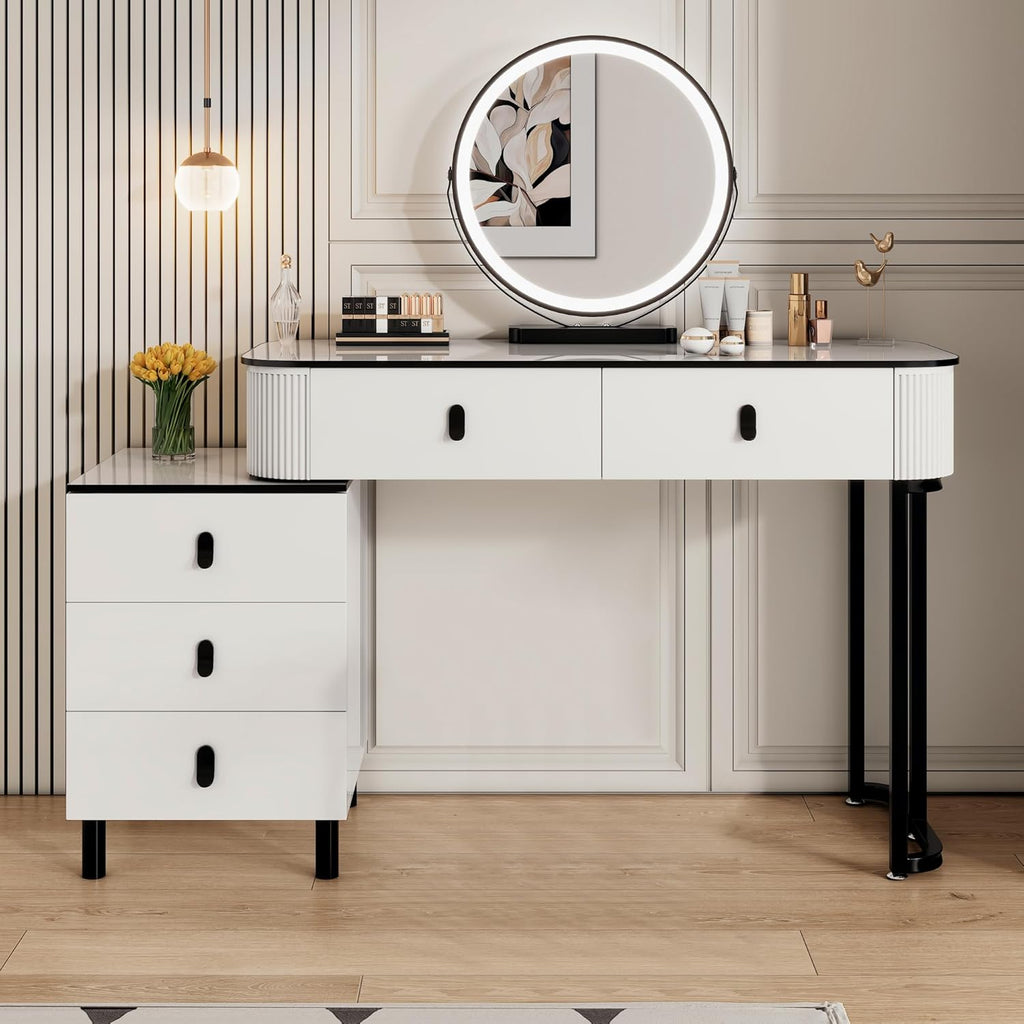 KDCAS Small Makeup Vanity Desk with Mirror and LED Lights | Modern Fluted Vanity Table with Drawers and Reversible Adjustable Side Cabinet (39.37'–51.2') | Space-Saving White Vanity Desk for Bedroom
