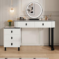 KDCAS Small Makeup Vanity Desk with Mirror and LED Lights | Modern Fluted Vanity Table with Drawers and Reversible Adjustable Side Cabinet (39.37'–51.2') | Space-Saving White Vanity Desk for Bedroom