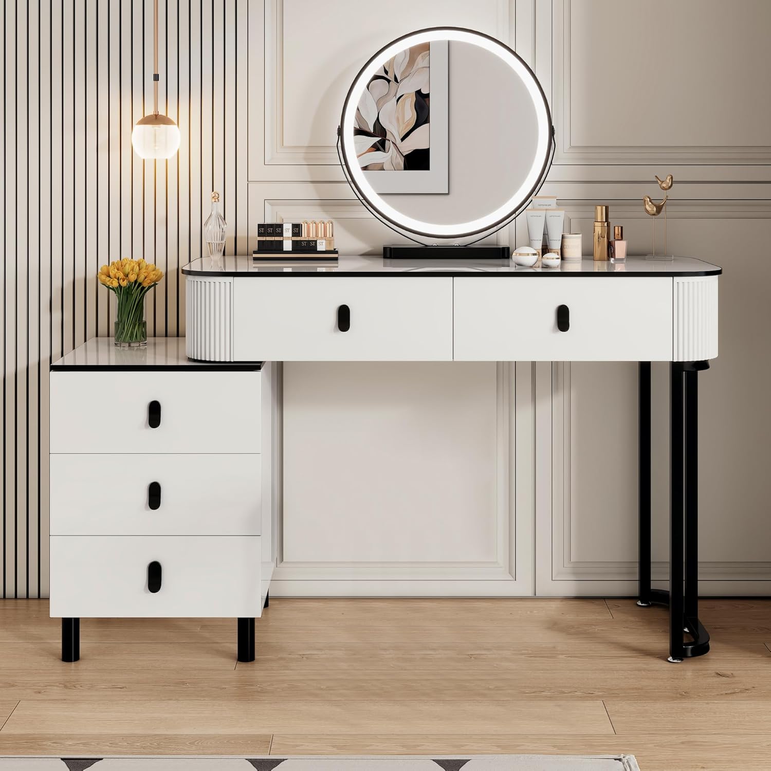 KDCAS Small Makeup Vanity Desk with Mirror and LED Lights | Modern Fluted Vanity Table with Drawers and Reversible Adjustable Side Cabinet (39.37'–51.2') | Space-Saving White Vanity Desk for Bedroom