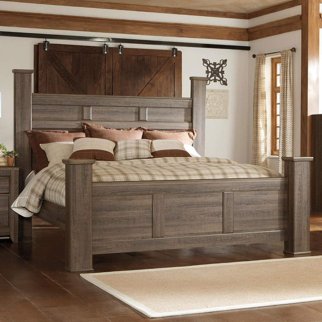 Signature Design by Ashley Juararo Casual California King Poster Bed with Metal Slats, Foundation or Box Spring Needed, Dark Brown