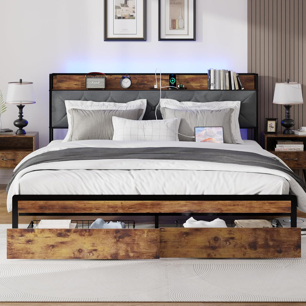 King Size Metal Platform Bed Frame with 2 Storage Drawers, LED Light, Velvet Headboard with USB Port - Heavy Duty, Brown Wooden Panel, No Box Spring Needed - King Bed Frame with Storage (Brown, King)