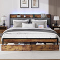 King Size Metal Platform Bed Frame with 2 Storage Drawers, LED Light, Velvet Headboard with USB Port - Heavy Duty, Brown Wooden Panel, No Box Spring Needed - King Bed Frame with Storage (Brown, King)