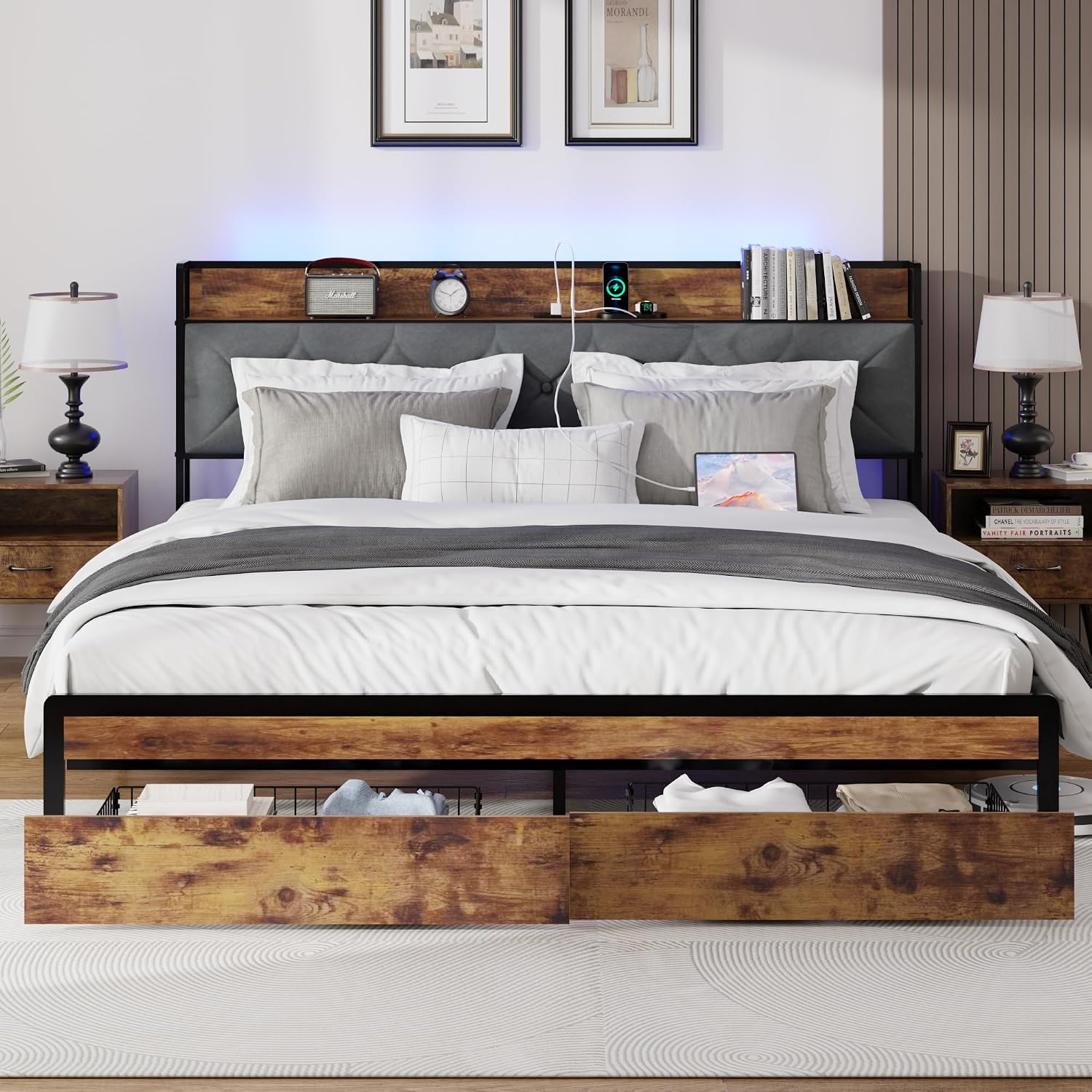 King Size Metal Platform Bed Frame with 2 Storage Drawers, LED Light, Velvet Headboard with USB Port - Heavy Duty, Brown Wooden Panel, No Box Spring Needed - King Bed Frame with Storage (Brown, King)
