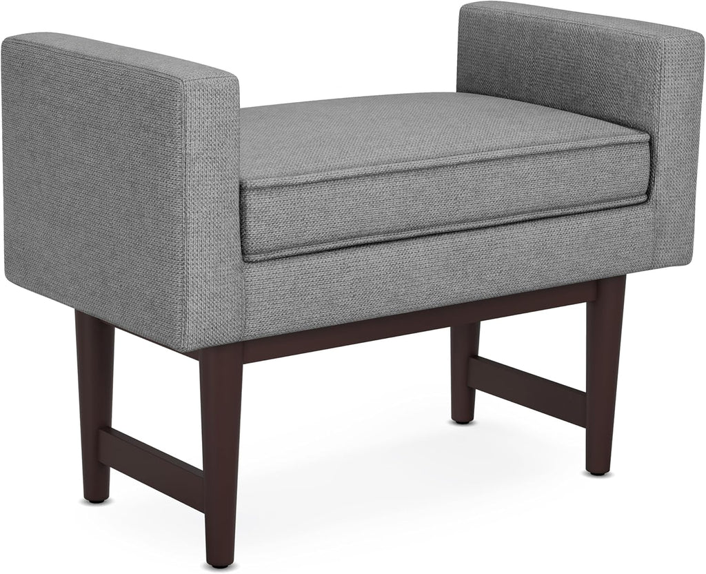 SIMPLIHOME Scott Small Ottoman Bench - 29 inch Wide Upholstered Linen Fabric Rectangle Ottoman in Pewter Grey, Contemporary Bench for Bedroom or Living Room with Raised Sides and Cushioned Seat