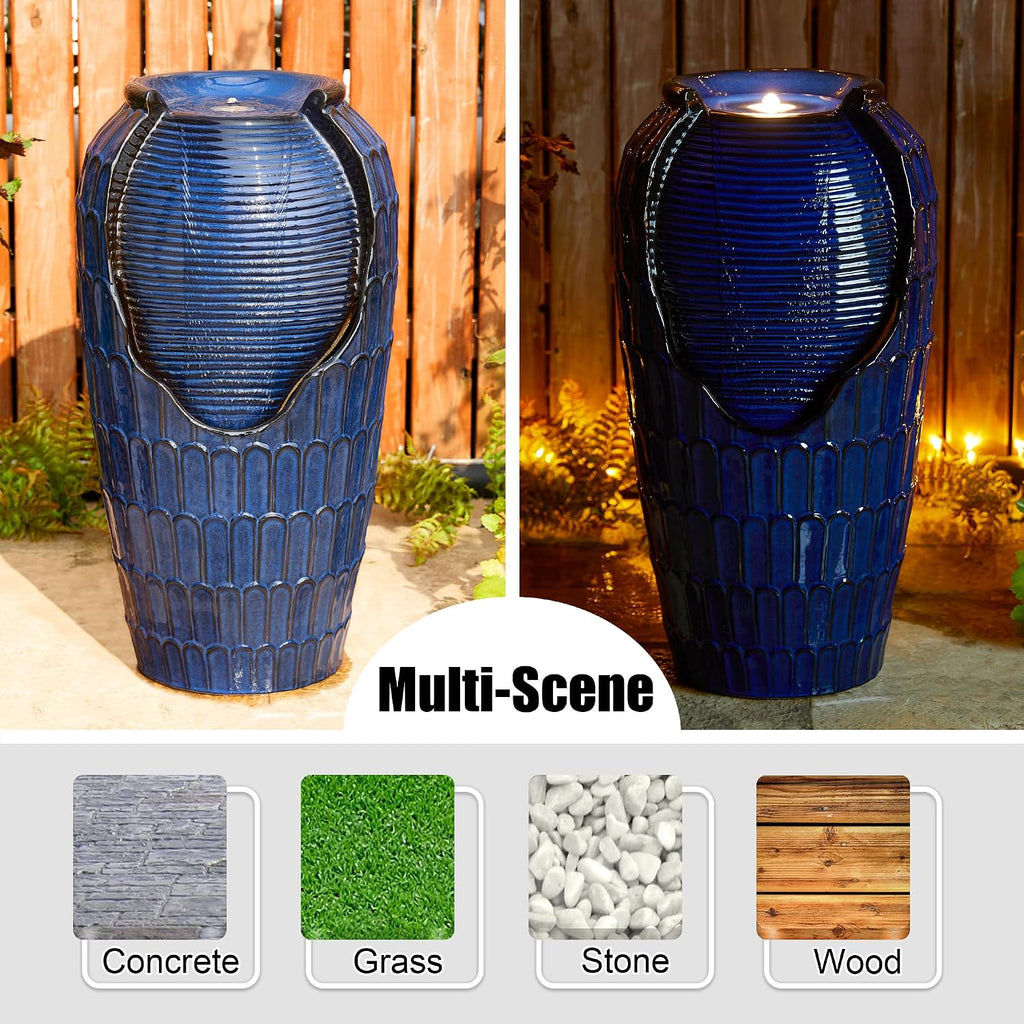 Glitzhome 28.25' H Oversized Ceramic Petals Textured Jar Outdoor Water Fountain, Vintage Cobalt Blue Glaze Vase Patio Garden Waterfall Fountain with LED Light and Submersible Pump
