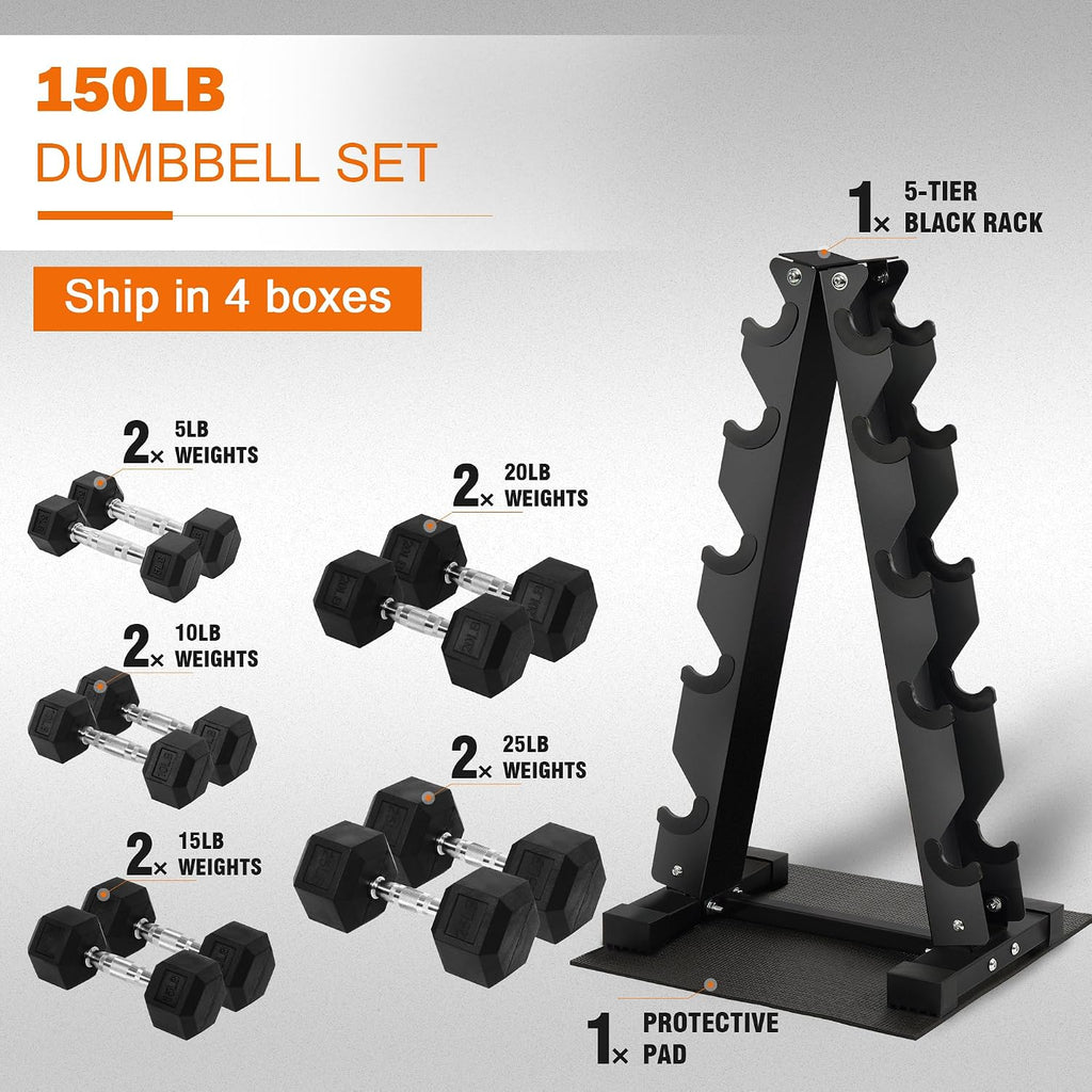 Fitvids Rubber Coated Hex Dumbbell Set with Storage Rack, 100/150/200/550 LB Hand Weight Set with Anti-Slip Grip for Home Gym