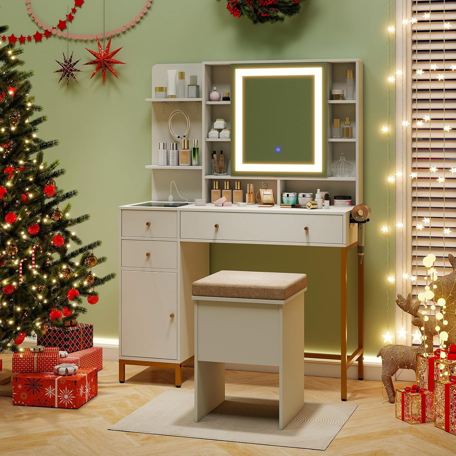 CHARMAID Vanity Desk with Mirror and Lights, White Makeup Vanity Table with Transparent Glass Tabletop, Mirrored Cabinet Door, Charging Station, Drawers, Shelves, Bedroom Dressing Table with Stool