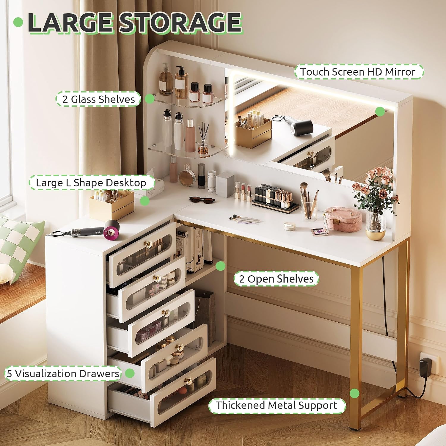 DWVO Vanity Desk with Light and Mirror, 3 Lighting Modes, L-Shaped Corner Vanity Table, 48' Large Dressing Table with 5 Tempered Glass Drawers with Open Storage Shelves