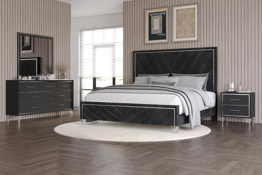 New Classic Furniture Ava 4-Piece Wood Queen Bedroom Set with Nightstand, Ebony Black