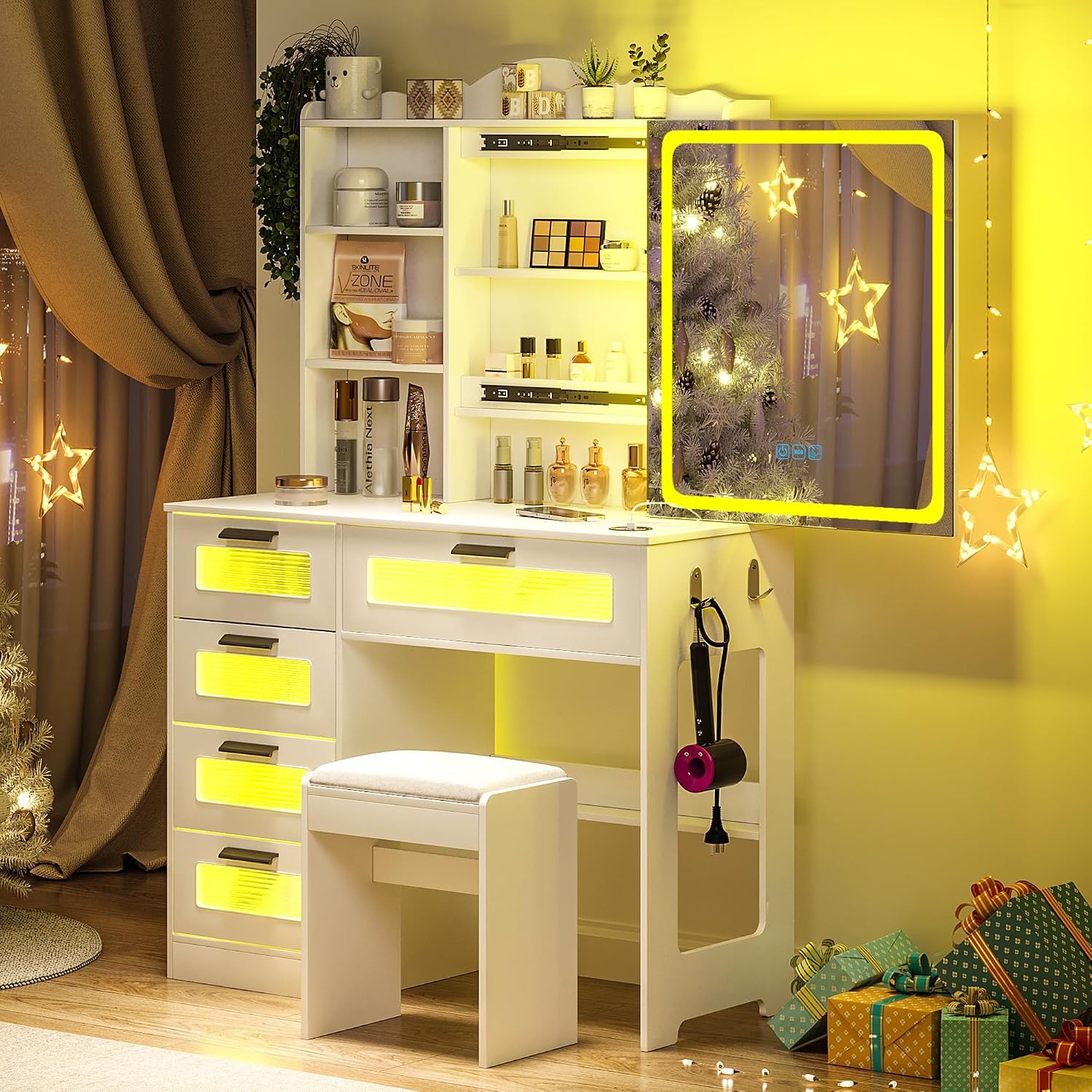 WOOVIVS Vanity with LED Mirror, 6 Drawer Dresser with Charging Station for Bedroom, Small Makeup Vanitys Table with RGB Light, Vanity Set with Chair,Jewelry Organizer for Girls-White