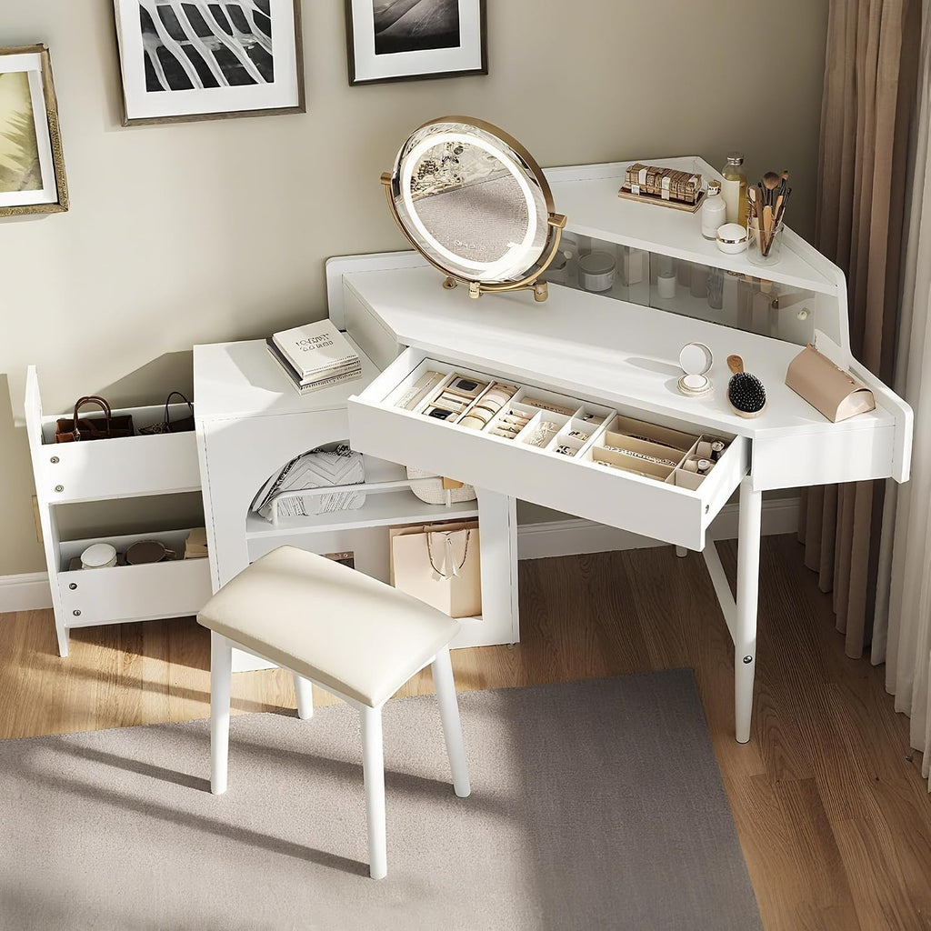 Corner Makeup Vanity Desk with Mirror LED Lights, Vanity Set with Mirror and Stool, Dressing Table with Large Storage for Small Place, Brightness Adjustable Folding Mirror, White