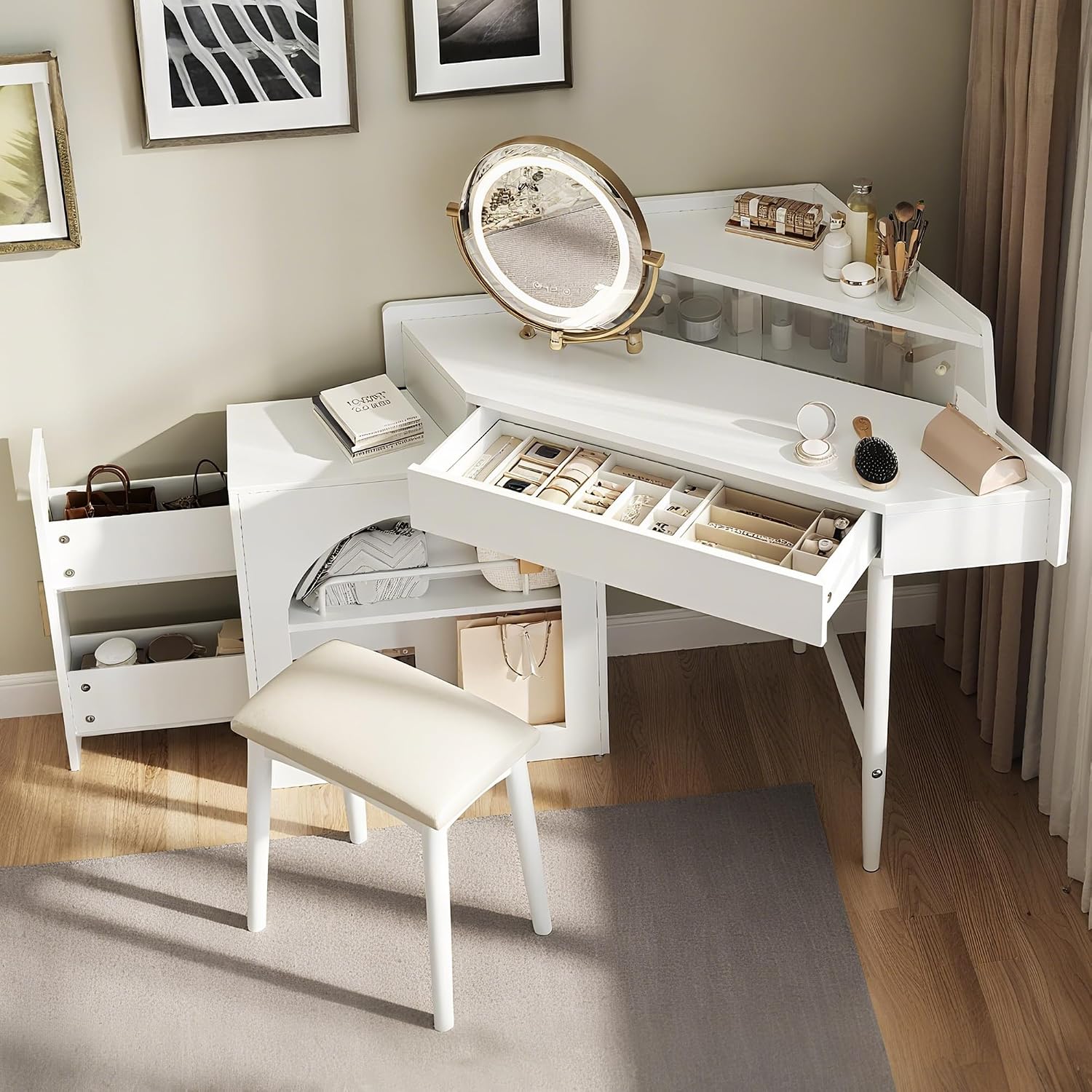 Corner Makeup Vanity Desk with Mirror LED Lights, Vanity Set with Mirror and Stool, Dressing Table with Large Storage for Small Place, Brightness Adjustable Folding Mirror, White