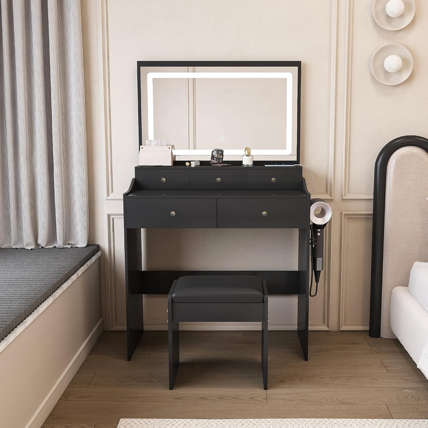 Vanity Desk with Large Mirror and Stool, Makeup Table with LED Lighted - 3 Color Models, Makeup Desk with 5 Drawers & Power Outlet, Dressing Makeup Table for Women Girls Bedroom, Black