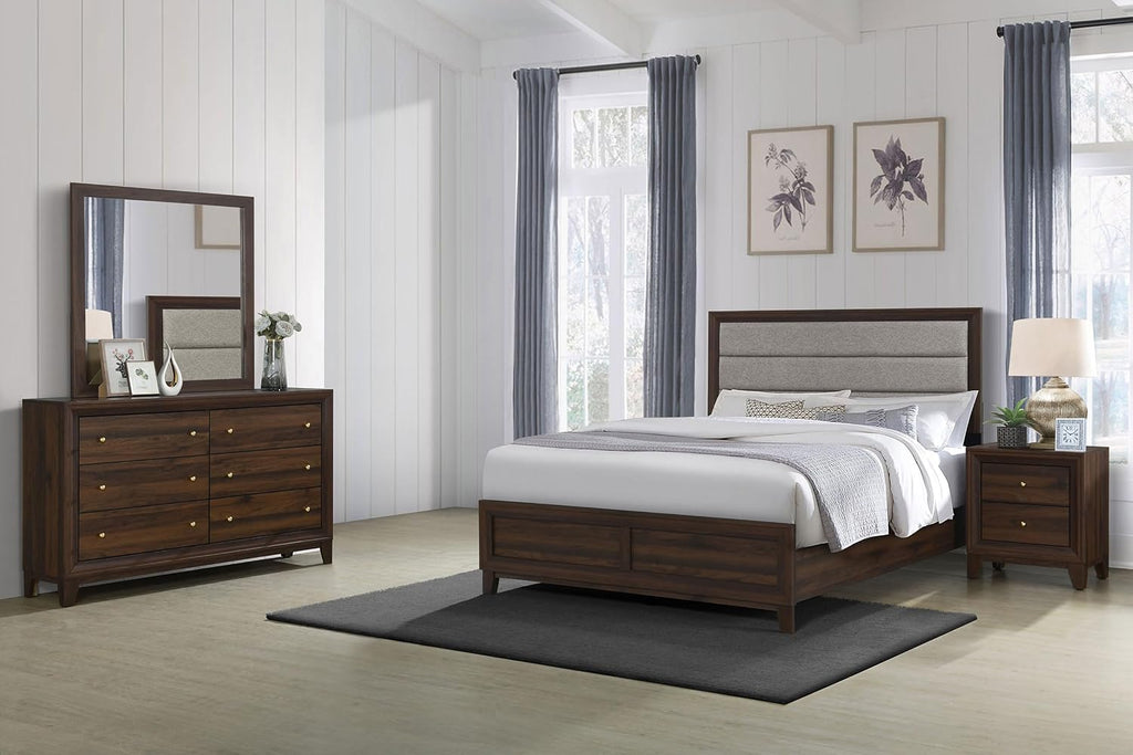 Coaster Home Furnishings Welsley Transitional 4-Piece Bedroom Set Fabric Upholstered Eastern King Size Panel Bed Frame 52-inch Headboard Walnut 223441KE-S4