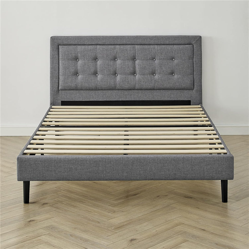 Decoro Mornington 2.0 Upholstered Platform Bed | Headboard and Metal Frame with Wood Slat Support, Grey, Queen Size