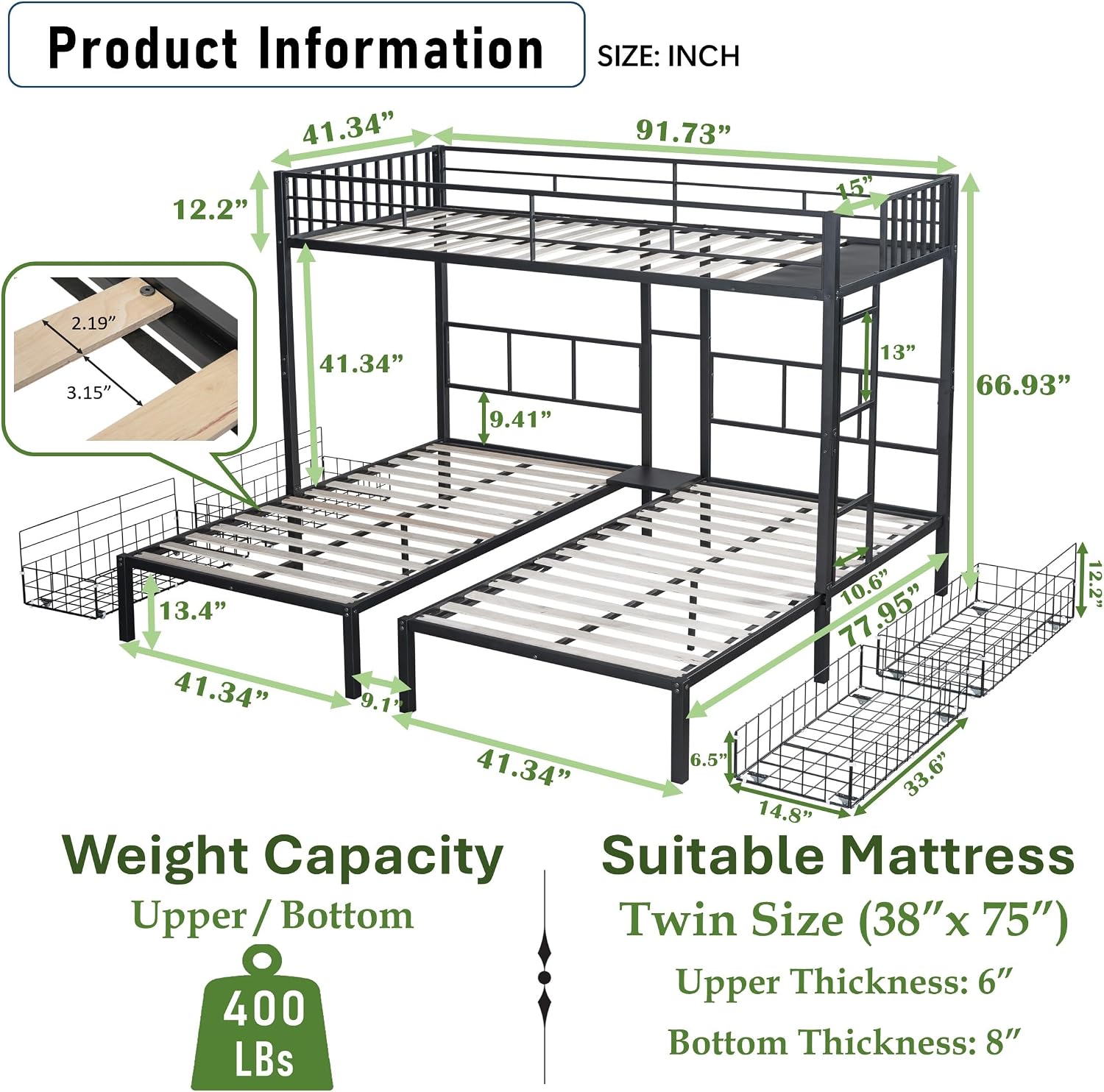 PVWIIK Heavy-Duty Triple Bunk Bed with 2 Storage Drawers & USB Charging Station,LED Triple Bunk Bed Frame with Built-in Ladder & Full-Length Guardrails,Easy to Assemble,Space Saving, Black