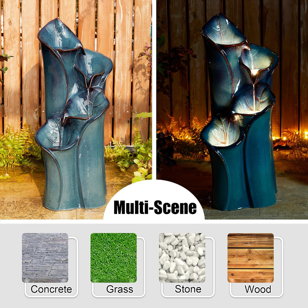 Glitzhome 31.25' H Outdoor Water Fountain with LED Lights and Pump, 4 Tier Turquoise Lotus Leaf Textured Ceramic Floor Standing Fountain, Vase Waterfall Fountains for Porch Deck Garden Patio Backyard