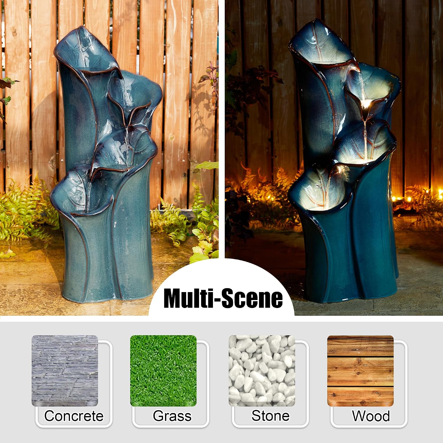 Glitzhome 31.25' H Outdoor Water Fountain with LED Lights and Pump, 4 Tier Turquoise Lotus Leaf Textured Ceramic Floor Standing Fountain, Vase Waterfall Fountains for Porch Deck Garden Patio Backyard