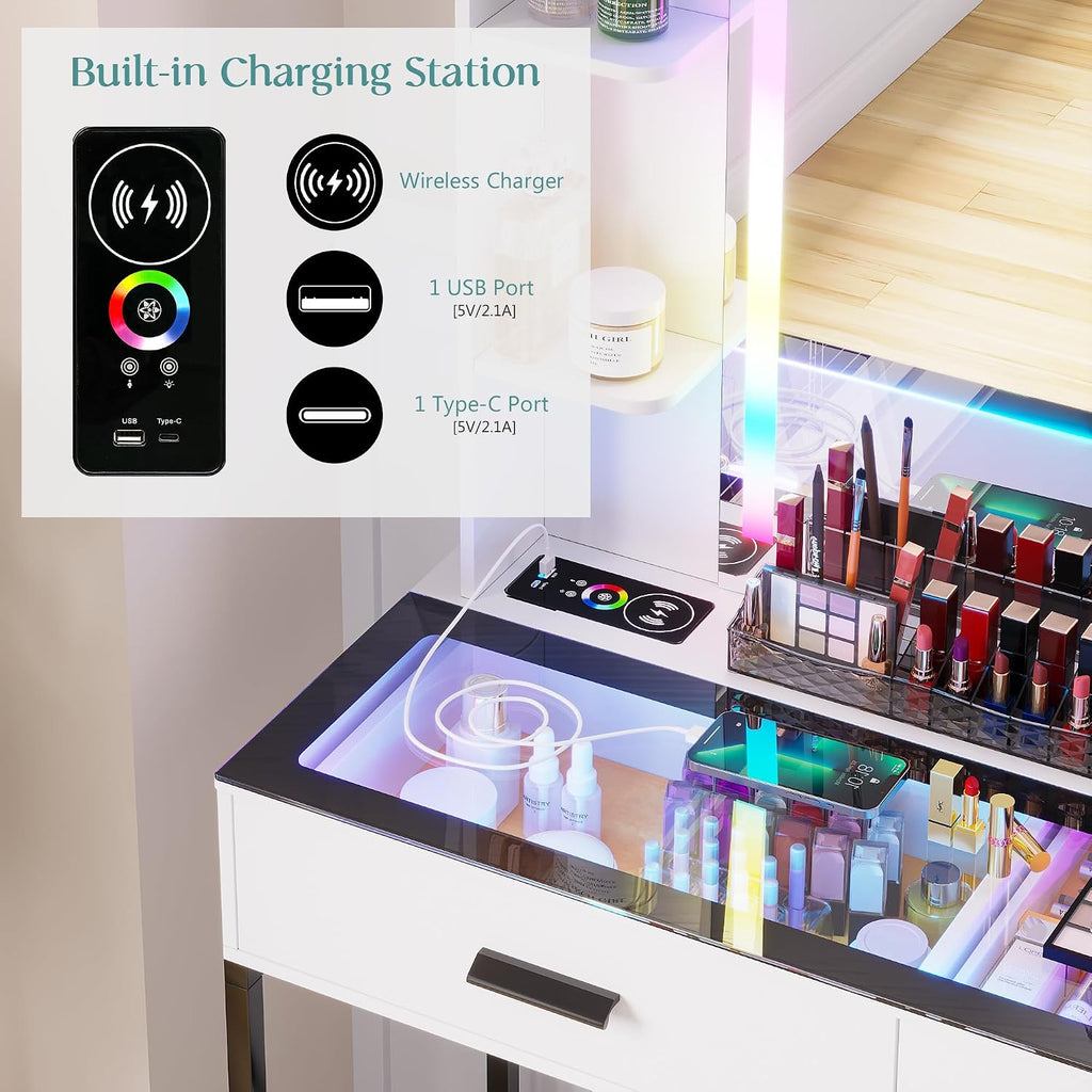 WOOVIVS Vanity with Lights for Girls- Vanities Table with LED Mirror, RGB Makeup Vanity with Wireless Charging Station, 6 Drawers Dress with Glass Top,Chair,Jewelry Organizer for Bedroom-White