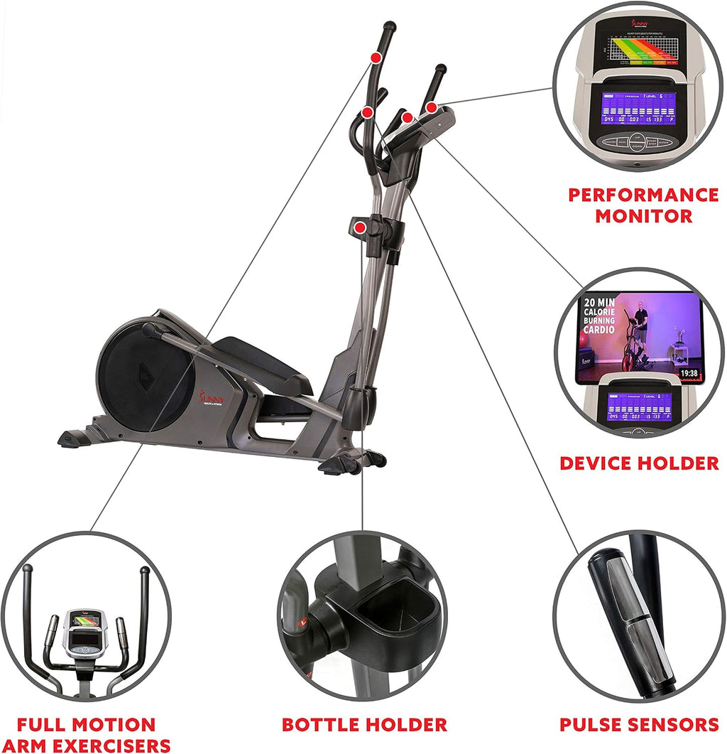 Sunny Health & Fitness Elliptical Machine with Extended Stride, Ultra Quiet 300 lbs Capacity Cross Training Cardio Fully Body Exercise for Home, Sunny Fit App Access, Optional 12' or 16' Stride Length