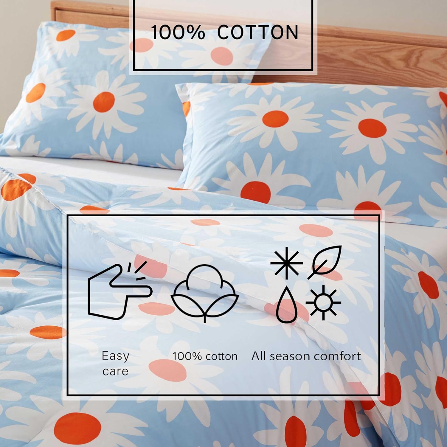 Marimekko - King Comforter Set, 100% Cotton Bedding with a Naturally Soft Feel, Lightweight for Year Round Comfort, 3 Piece Bed Set with Matching Pillowcases (Rakastaa El Rakasta Blue)