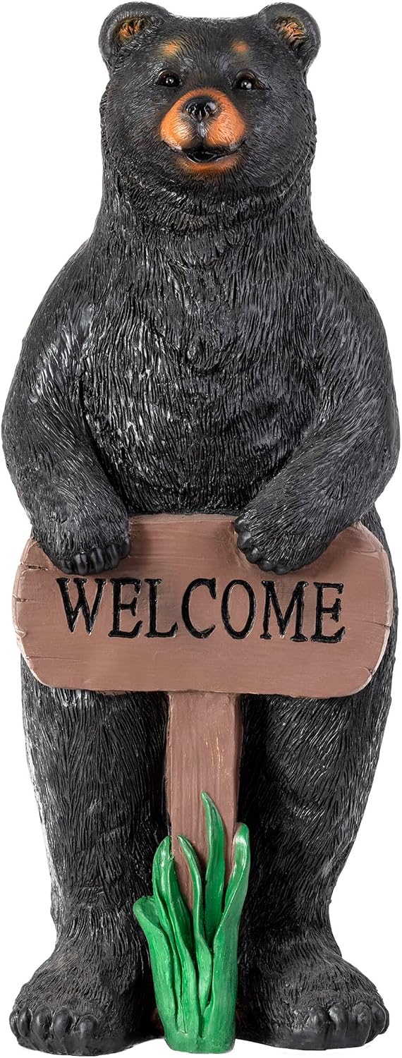 Alpine Corporation 36' Tall Outdoor Standing Black Bear with Welcome Sign Yard Statue Decoration