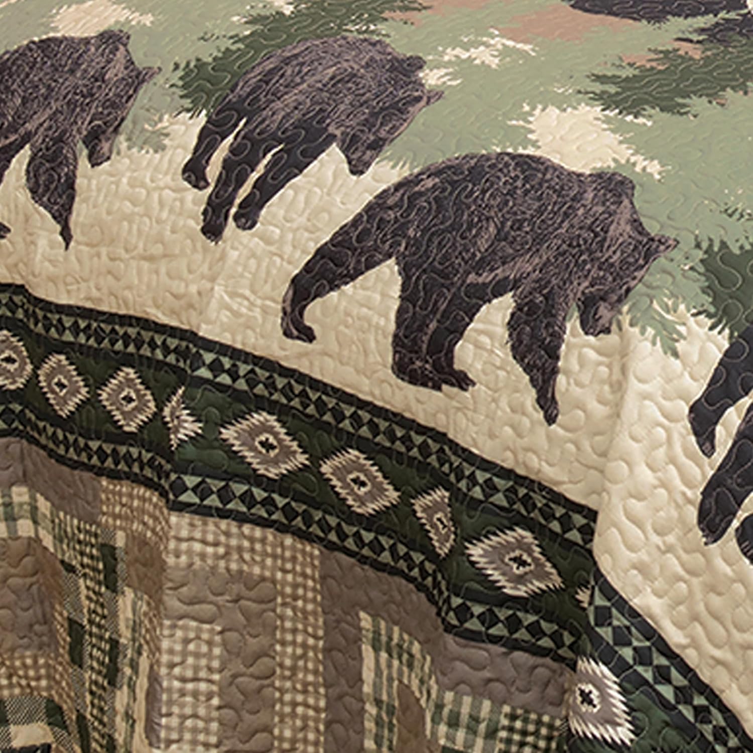 BLACK FOREST DECOR Black Bear Log Cabin Quilt Bed Set - Queen – Rustic 90' x 90' Quilt with Shams