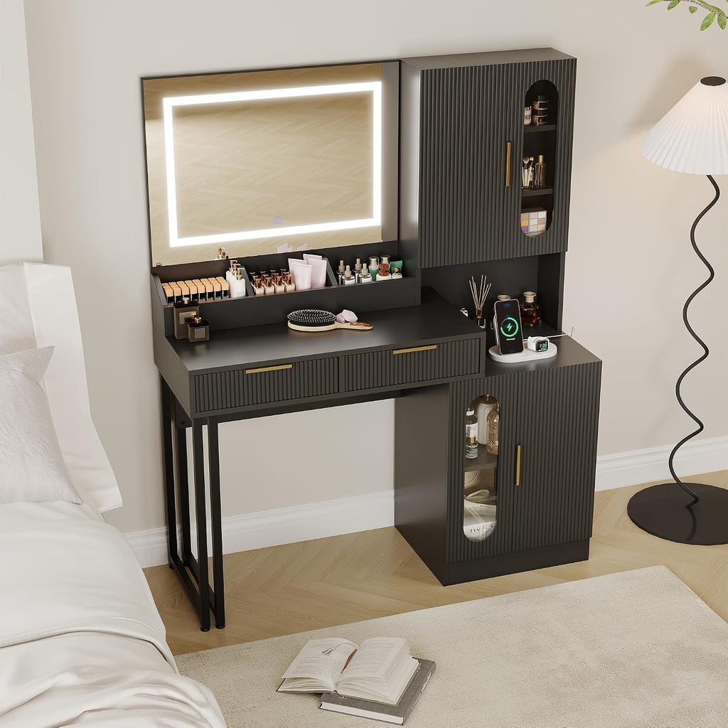 Garvee Fluted Vanity with Mirror and Lights, Wooden Vanity Desk, Makeup Table with Charging Station, Drawers & Storage Cabinets, Black