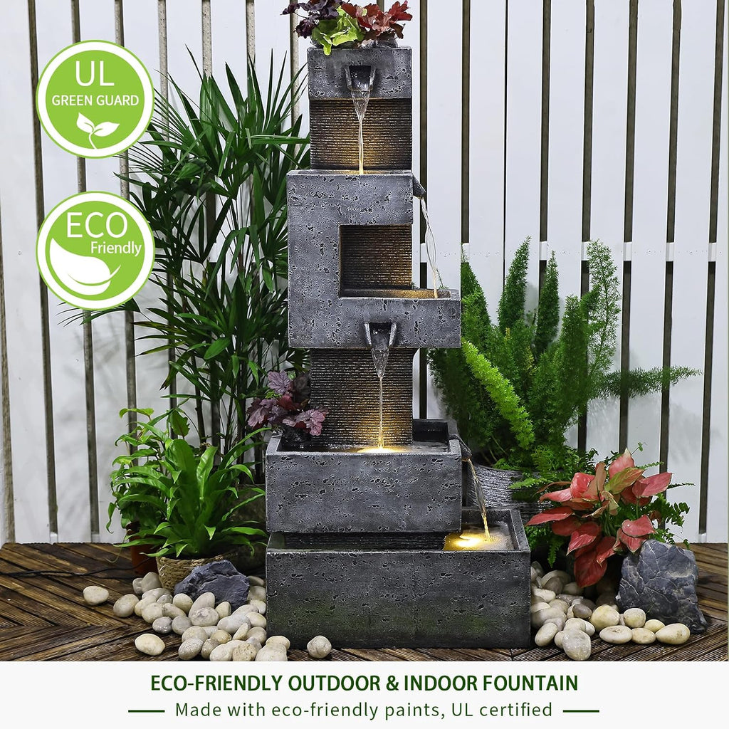 Bumilgar Garden Fountains Outdoor Water Fountain - 47.2 Inches 4 Tired Modern Indoor Floor Standing Outdoor Fountain with Lights Pump for Garden Patio Backyard Porch Home Art Decor