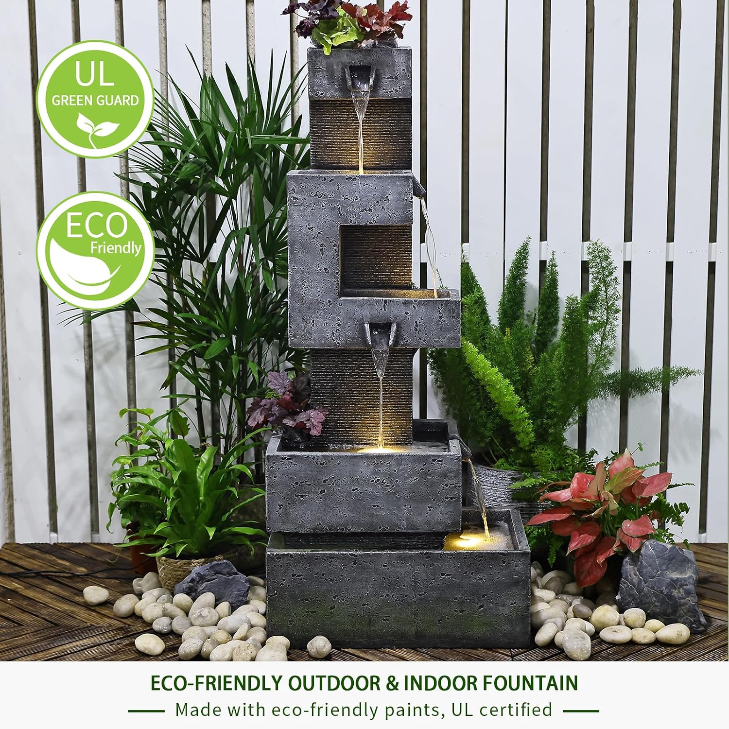 Bumilgar Garden Fountains Outdoor Water Fountain - 47.2 Inches 4 Tired Modern Indoor Floor Standing Outdoor Fountain with Lights Pump for Garden Patio Backyard Porch Home Art Decor
