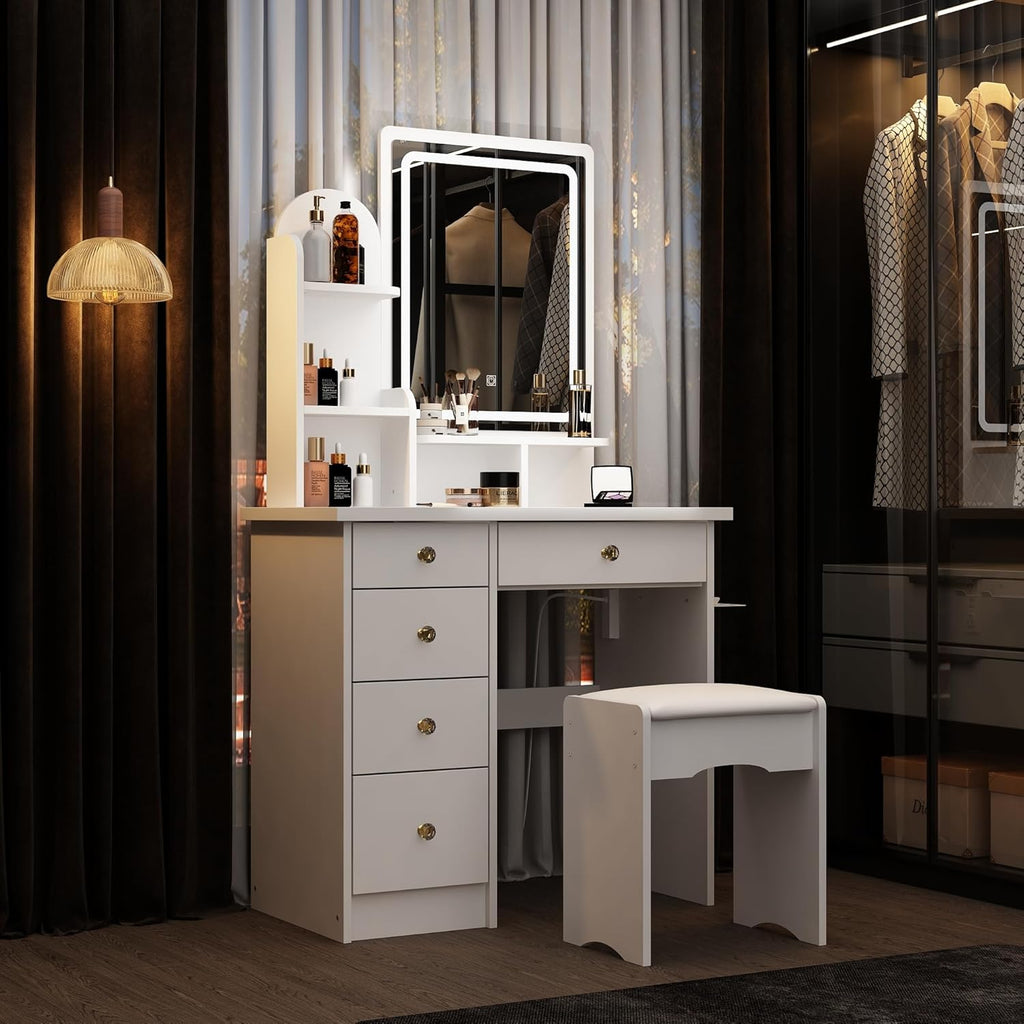 ECACAD Vanity Desk, Vanity Table Set with LED Lighted Mirror, Makeup Vanity Dressing Table with Drawers, Storage Shelves, Crystal Handles and Cushioned Stool, White