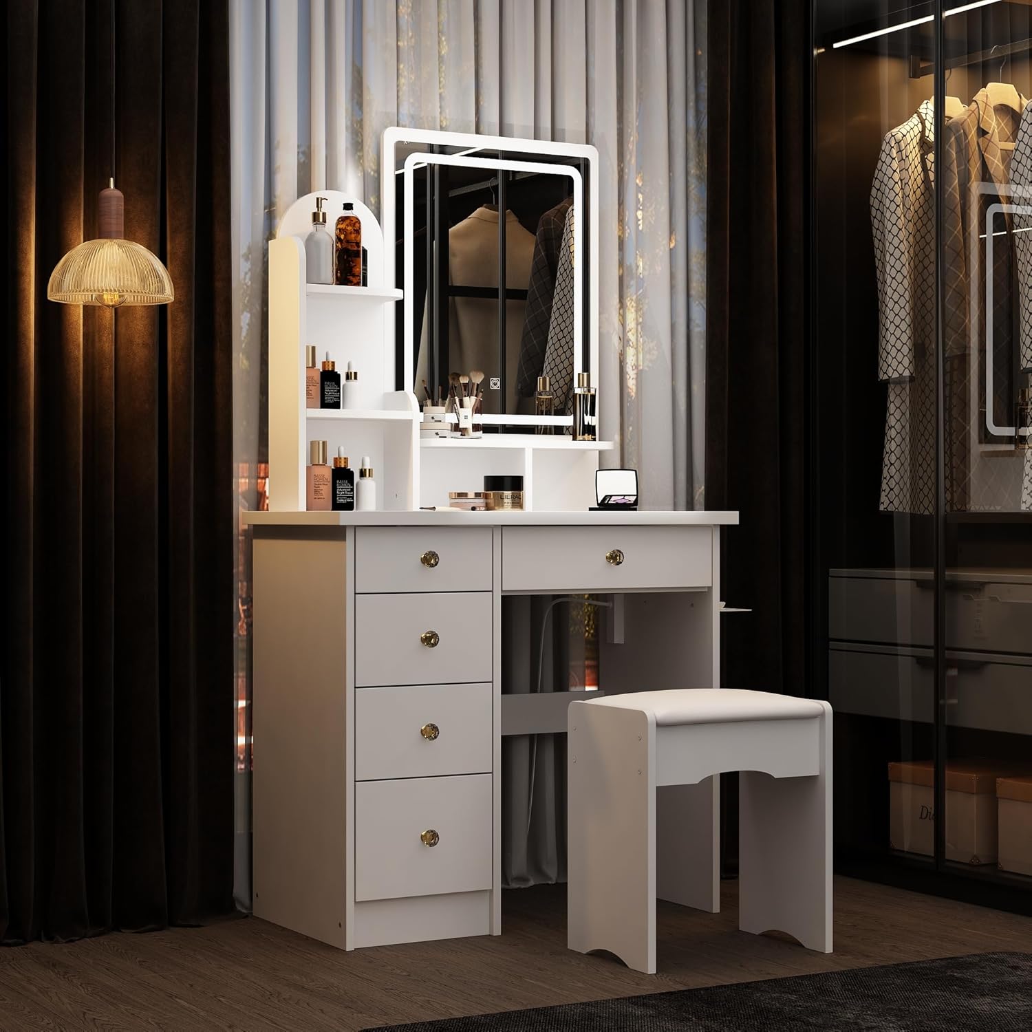 ECACAD Vanity Desk, Vanity Table Set with LED Lighted Mirror, Makeup Vanity Dressing Table with Drawers, Storage Shelves, Crystal Handles and Cushioned Stool, White