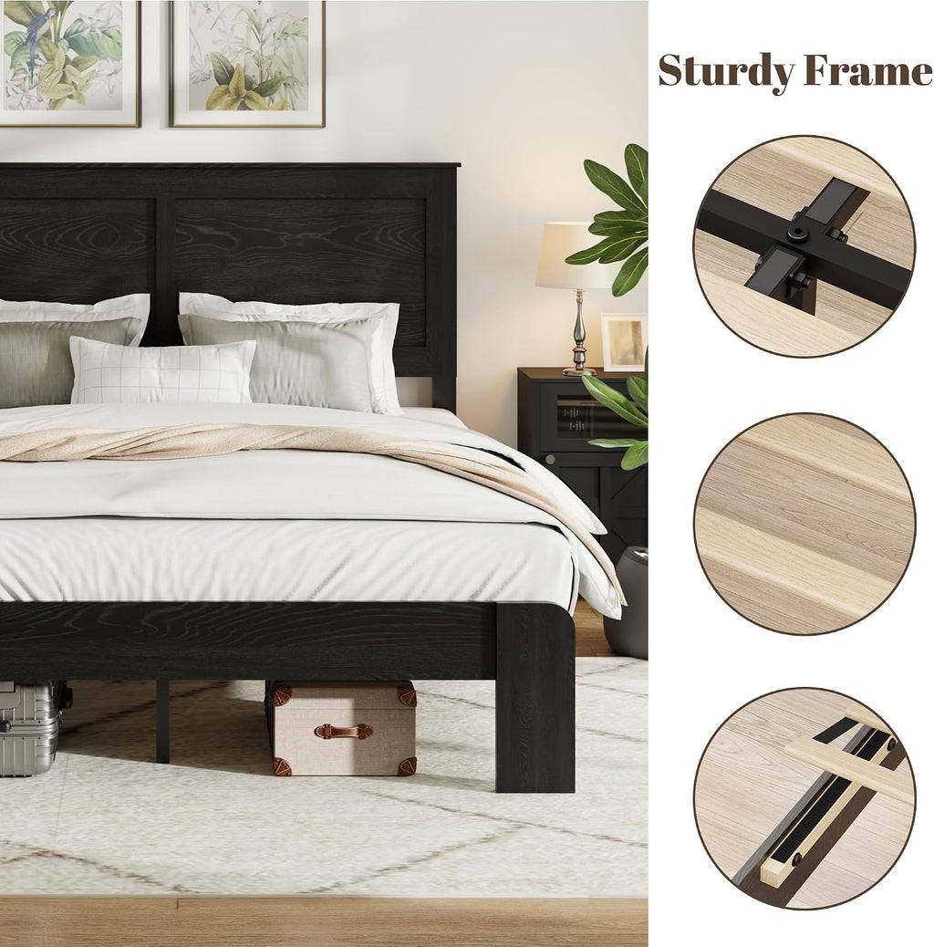 QNICE Wooden Bed Frame Queen Size with Headboard - Farmhouse Platform Bed Frame, Wood Slat Support, No Box Spring Needed & Easy Assembly with Large Under Bed Storage (Rustic Black)