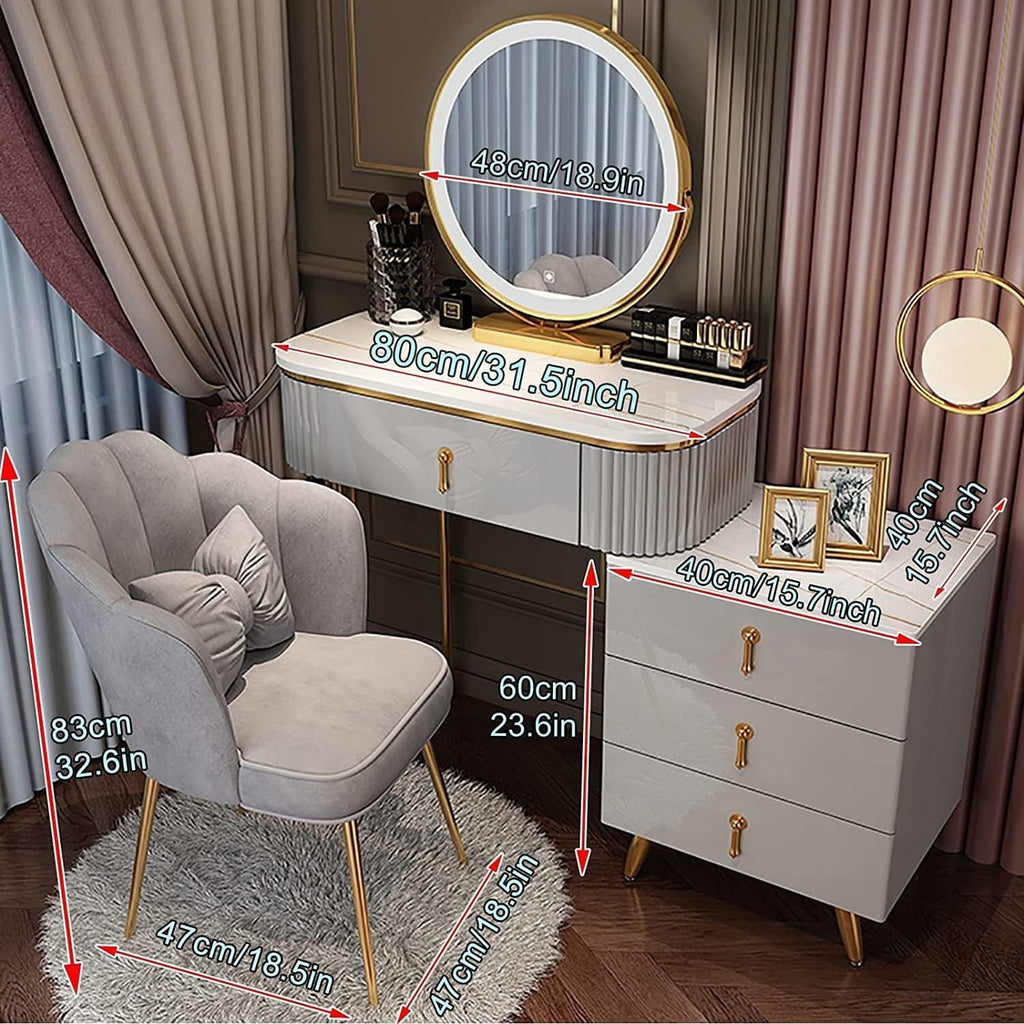 Rieort Vanity Table Led Vanity Mirror Makeup Vanity Set with Cushioned Stool Vanity Benches Stainless Steel Legs Dressing Table