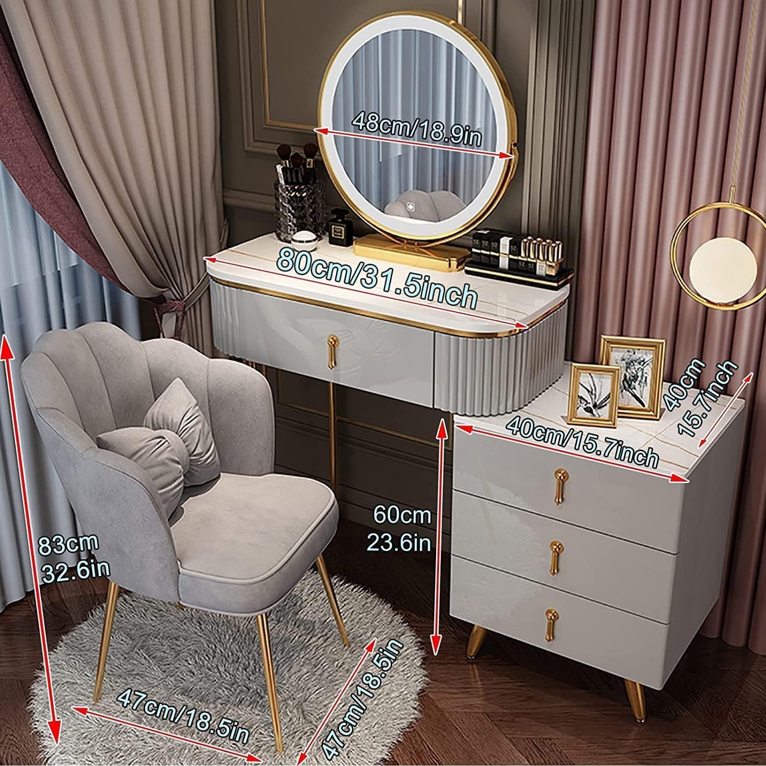 Rieort Vanity Table Led Vanity Mirror Makeup Vanity Set with Cushioned Stool Vanity Benches Stainless Steel Legs Dressing Table